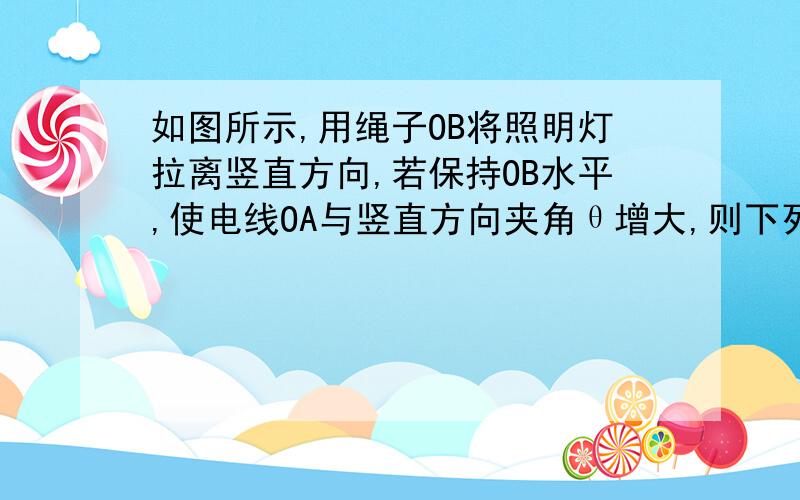 如图所示,用绳子OB将照明灯拉离竖直方向,若保持OB水平,使电线OA与竖直方向夹角θ增大,则下列说法正确的是