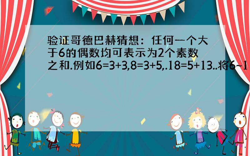 验证哥德巴赫猜想：任何一个大于6的偶数均可表示为2个素数之和.例如6=3+3,8=3+5,.18=5+13..将6~1