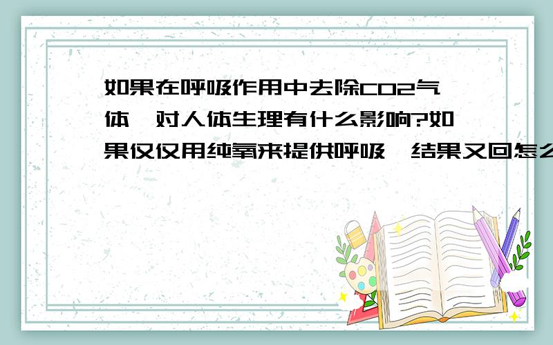 如果在呼吸作用中去除CO2气体,对人体生理有什么影响?如果仅仅用纯氧来提供呼吸,结果又回怎么样?