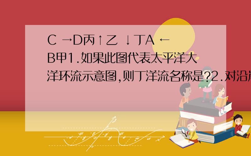 C →D丙↑乙 ↓丁A ← B甲1.如果此图代表太平洋大洋环流示意图,则丁洋流名称是?2.对沿岸气候的影响是?3.形成了