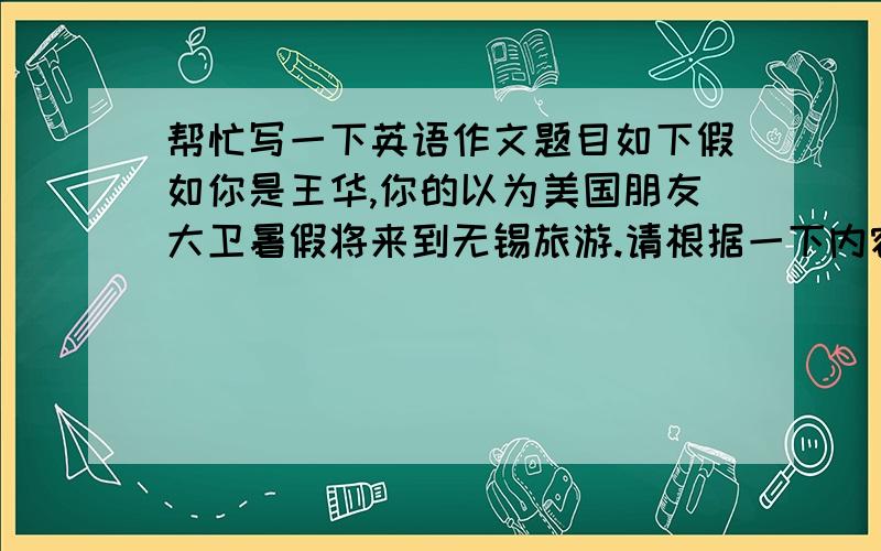 帮忙写一下英语作文题目如下假如你是王华,你的以为美国朋友大卫暑假将来到无锡旅游.请根据一下内容药店,用英文给他发一个电子