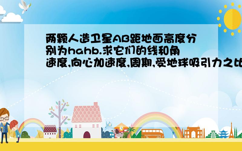 两颗人造卫星AB距地面高度分别为hahb.求它们的线和角速度,向心加速度,周期,受地球吸引力之比.