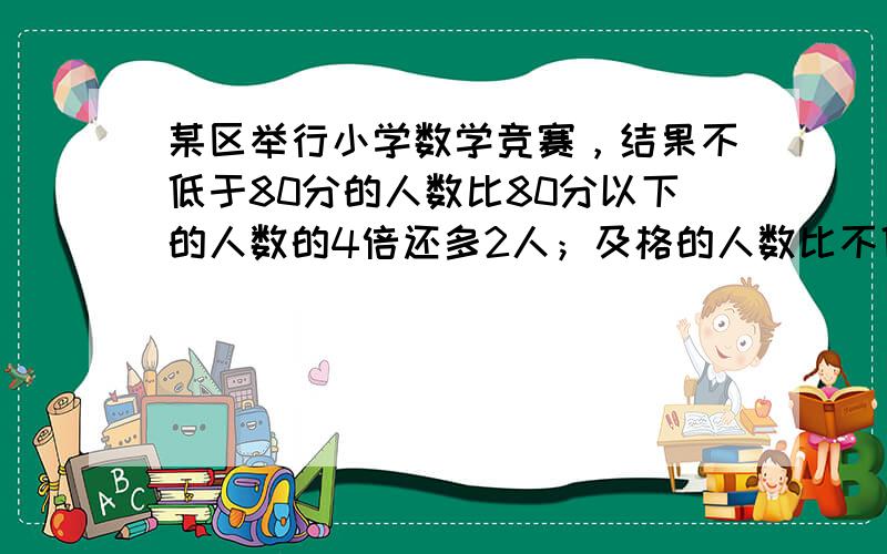 某区举行小学数学竞赛，结果不低于80分的人数比80分以下的人数的4倍还多2人；及格的人数比不低于80分的人数多22人，恰