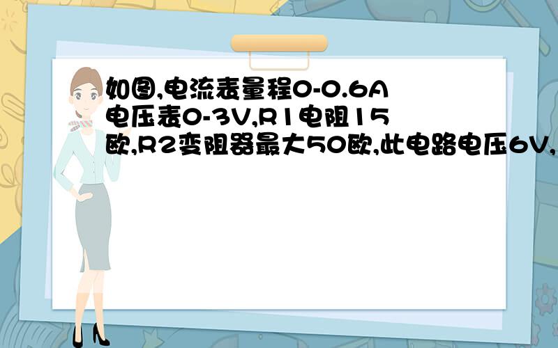 如图,电流表量程0-0.6A电压表0-3V,R1电阻15欧,R2变阻器最大50欧,此电路电压6V,为了不让电压流表烧坏