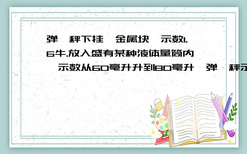 弹簧秤下挂一金属块,示数1.6牛.放入盛有某种液体量筒内,示数从60毫升升到80毫升,弹簧秤示数1.35牛.求