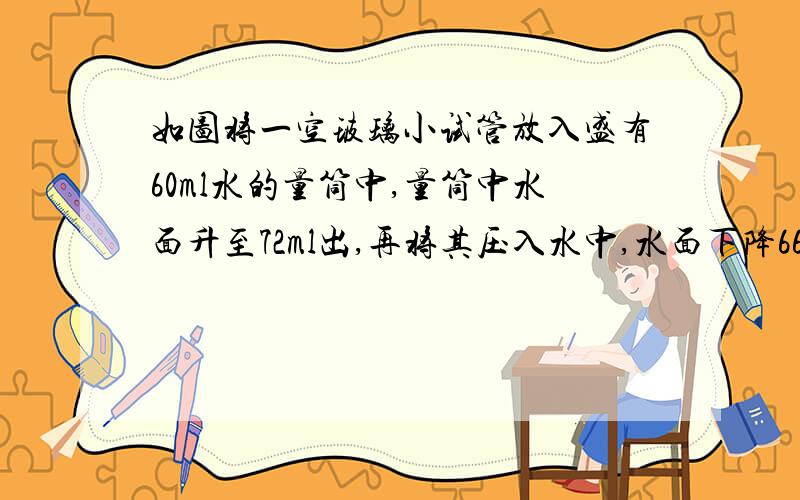 如图将一空玻璃小试管放入盛有60ml水的量筒中,量筒中水面升至72ml出,再将其压入水中,水面下降66ml处.(量筒中水