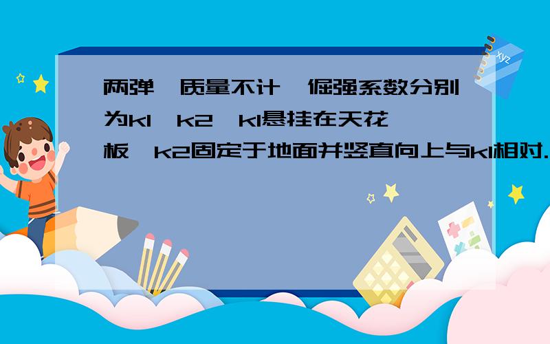 两弹簧质量不计,倔强系数分别为k1、k2,k1悬挂在天花板,k2固定于地面并竖直向上与k1相对.当它们系住一个质量为m并