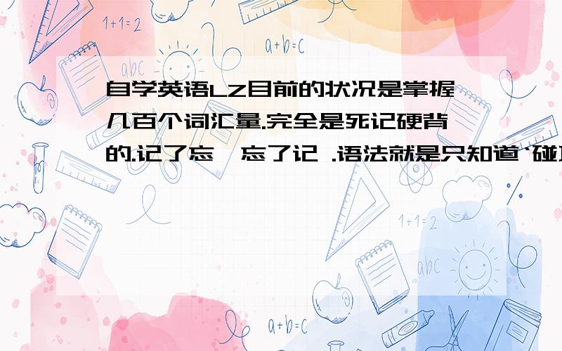 自学英语LZ目前的状况是掌握几百个词汇量.完全是死记硬背的.记了忘,忘了记 .语法就是只知道‘碰巧的那么一点