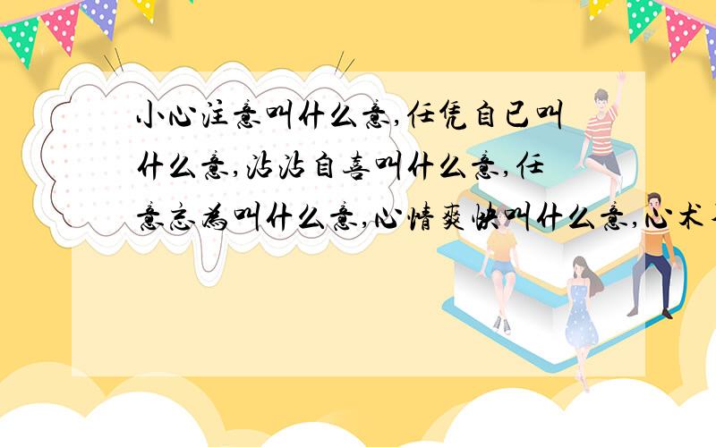 小心注意叫什么意,任凭自已叫什么意,沾沾自喜叫什么意,任意忘为叫什么意,心情爽快叫什么意,心术不正叫什么意?