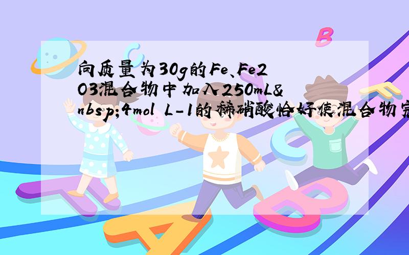 向质量为30g的Fe、Fe2O3混合物中加入250mL 4mol•L-1的稀硝酸恰好使混合物完全溶解，放出NO