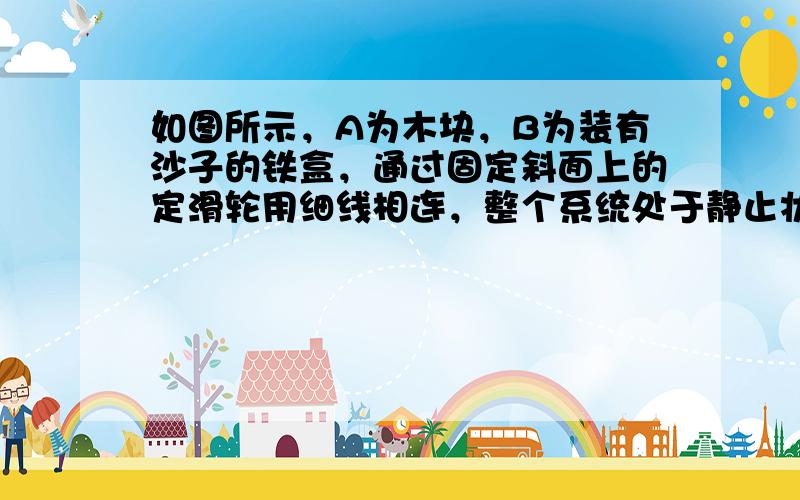 如图所示，A为木块，B为装有沙子的铁盒，通过固定斜面上的定滑轮用细线相连，整个系统处于静止状态.若从某时刻起铁盒B中的沙