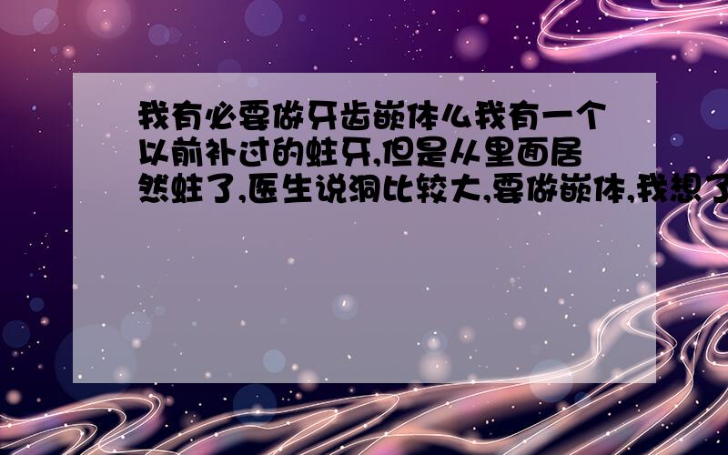 我有必要做牙齿嵌体么我有一个以前补过的蛀牙,但是从里面居然蛀了,医生说洞比较大,要做嵌体,我想了解下有必要做嵌体么?做嵌