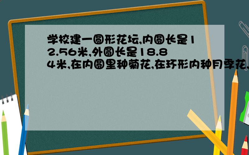 学校建一圆形花坛,内圆长是12.56米,外圆长是18.84米,在内圆里种菊花,在环形内种月季花,