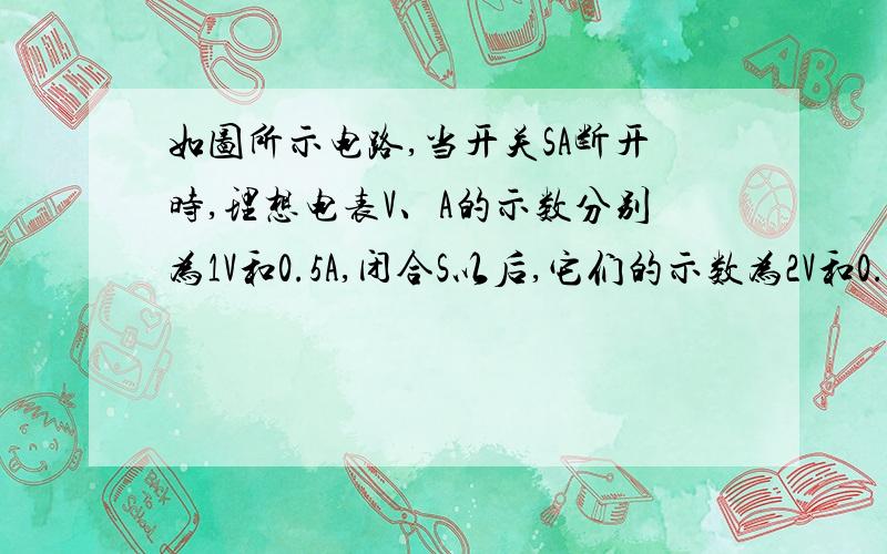 如图所示电路,当开关SA断开时,理想电表V、A的示数分别为1V和0.5A,闭合S以后,它们的示数为2V和0.6A