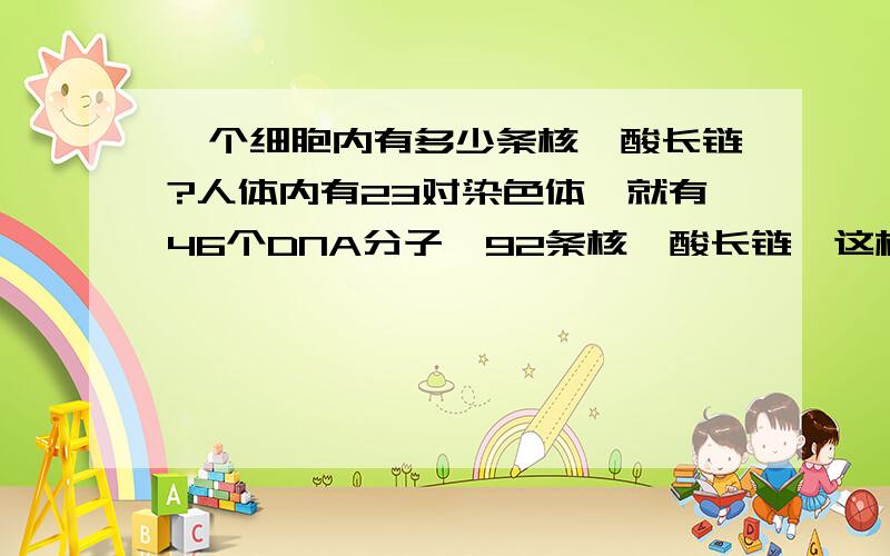 一个细胞内有多少条核苷酸长链?人体内有23对染色体,就有46个DNA分子,92条核苷酸长链,这样的说法对吗?每个细胞内的