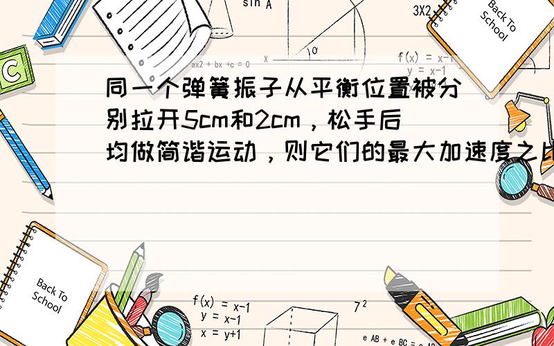 同一个弹簧振子从平衡位置被分别拉开5cm和2cm，松手后均做简谐运动，则它们的最大加速度之比=______．振动周期之比