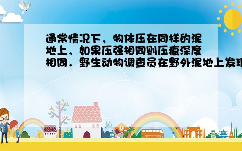 通常情况下，物体压在同样的泥地上，如果压强相同则压痕深度相同．野生动物调查员在野外泥地上发现黑熊刚留下的足印，为了估算黑