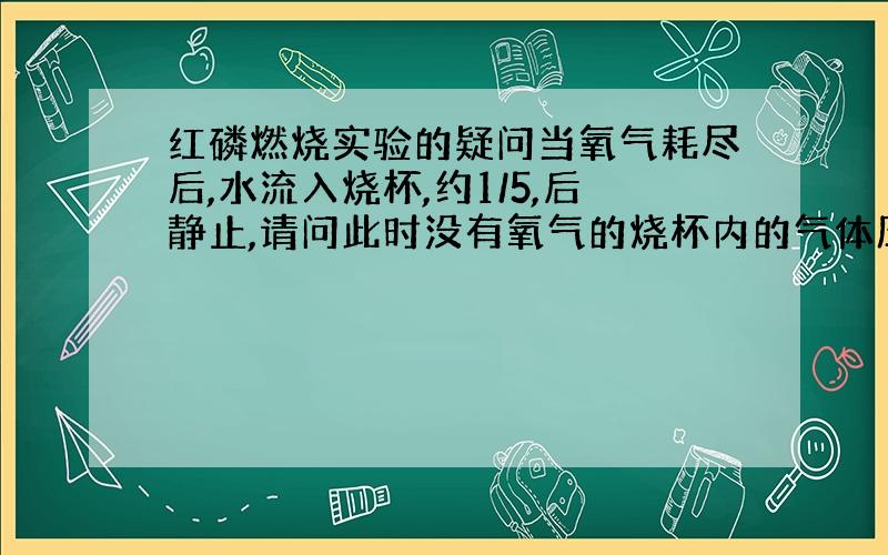 红磷燃烧实验的疑问当氧气耗尽后,水流入烧杯,约1/5,后静止,请问此时没有氧气的烧杯内的气体压强与外界大气压强差别大吗?