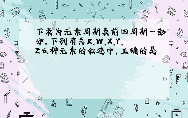 下表为元素周期表前四周期一部分,下列有关R、W、X、Y、Z五种元素的叙述中,正确的是