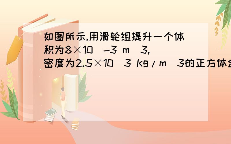 如图所示,用滑轮组提升一个体积为8×10^-3 m^3,密度为2.5×10^3 Kg/m^3的正方体金属块.