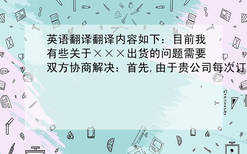 英语翻译翻译内容如下：目前我有些关于×××出货的问题需要双方协商解决：首先,由于贵公司每次订单量过小,我公司出口承担的杂