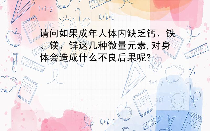 请问如果成年人体内缺乏钙、铁、镁、锌这几种微量元素,对身体会造成什么不良后果呢?