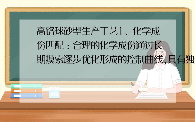 高铬球砂型生产工艺1、化学成份匹配：合理的化学成份通过长期摸索逐步优化形成的控制曲线,具有独特化学成份匹配方法,使它能更