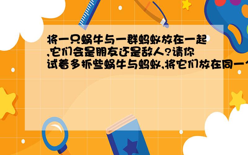 将一只蜗牛与一群蚂蚁放在一起,它们会是朋友还是敌人?请你试着多抓些蜗牛与蚂蚁,将它们放在同一个盒子里,看看会有什么现象.