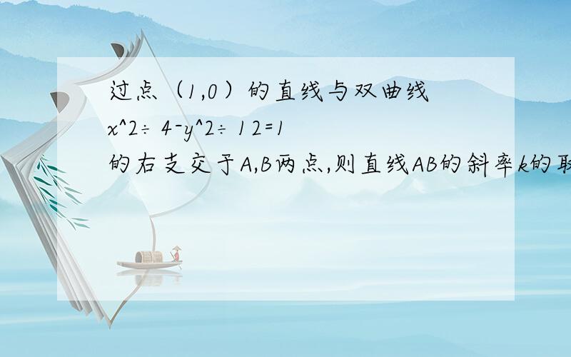 过点（1,0）的直线与双曲线x^2÷4-y^2÷12=1的右支交于A,B两点,则直线AB的斜率k的取值范围是?