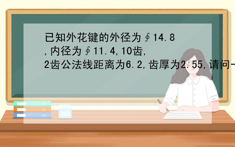 已知外花键的外径为∮14.8,内径为∮11.4,10齿,2齿公法线距离为6.2,齿厚为2.55,请问一下这个花键参数