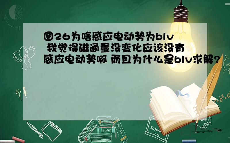 图26为啥感应电动势为blv 我觉得磁通量没变化应该没有感应电动势啊 而且为什么是blv求解?