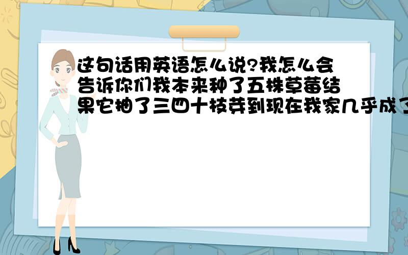 这句话用英语怎么说?我怎么会告诉你们我本来种了五株草莓结果它抽了三四十枝芽到现在我家几乎成了草莓园.不要用谷歌有道之类的