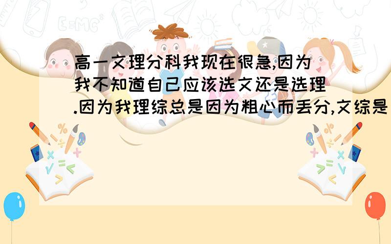 高一文理分科我现在很急,因为我不知道自己应该选文还是选理.因为我理综总是因为粗心而丢分,文综是因为背不熟知识点,而且有些