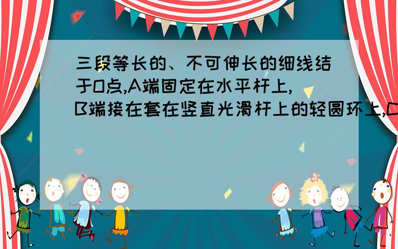 三段等长的、不可伸长的细线结于O点,A端固定在水平杆上,B端接在套在竖直光滑杆上的轻圆环上,C端挂一重物,重物质量为m;