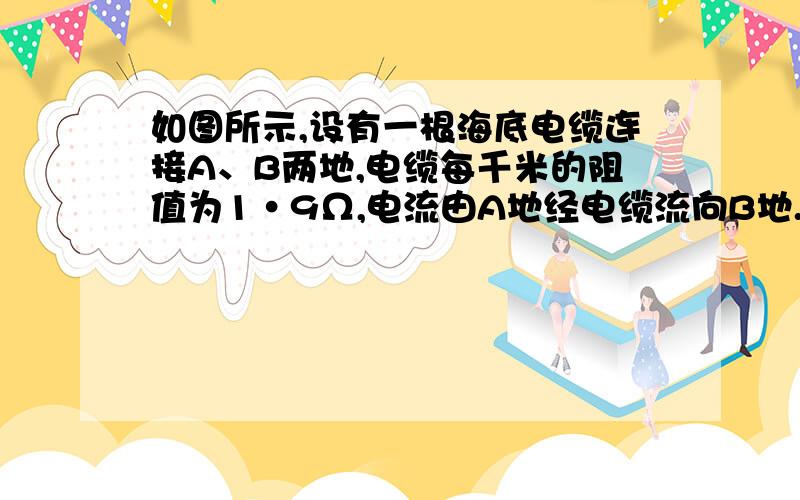 如图所示,设有一根海底电缆连接A、B两地,电缆每千米的阻值为1•9Ω,电流由A地经电缆流向B地.循BA之间的