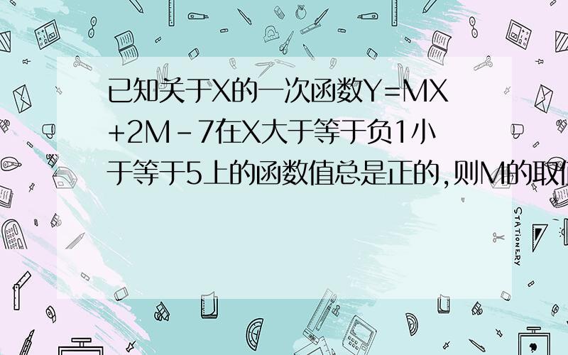 已知关于X的一次函数Y=MX+2M-7在X大于等于负1小于等于5上的函数值总是正的,则M的取值范围?