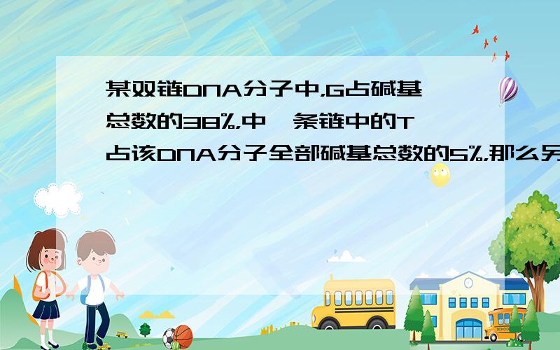 某双链DNA分子中，G占碱基总数的38%，中一条链中的T占该DNA分子全部碱基总数的5%，那么另一条链中的T占该链的碱基