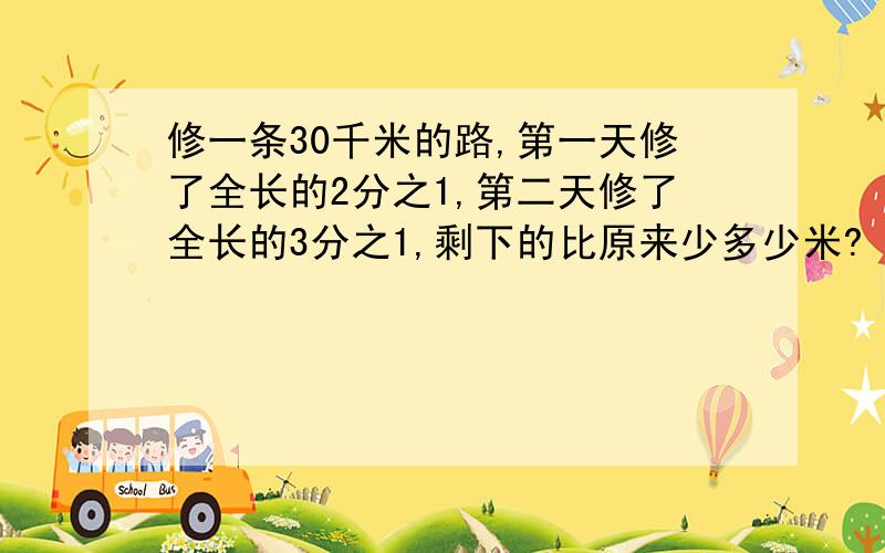 修一条30千米的路,第一天修了全长的2分之1,第二天修了全长的3分之1,剩下的比原来少多少米?