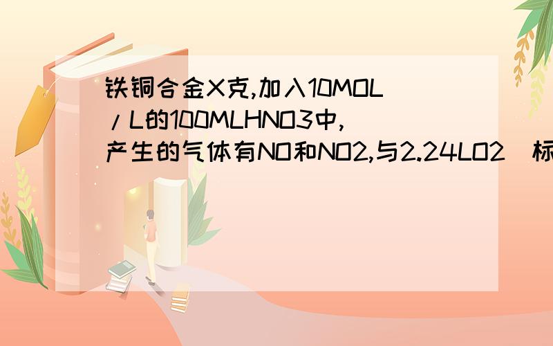 铁铜合金X克,加入10MOL/L的100MLHNO3中,产生的气体有NO和NO2,与2.24LO2(标况）完全反应,求反