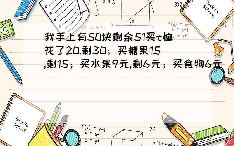 我手上有50块剩余51买t恤花了20,剩30；买糖果15,剩15；买水果9元,剩6元；买食物6元