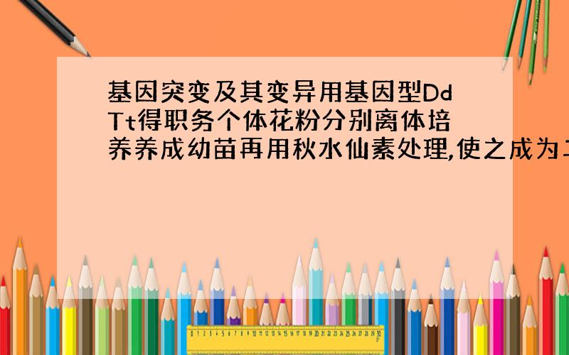 基因突变及其变异用基因型DdTt得职务个体花粉分别离体培养养成幼苗再用秋水仙素处理,使之成为二倍体.幼苗成熟后让其自交,