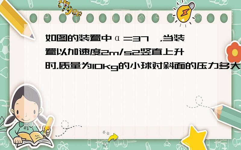 如图的装置中α=37°，当装置以加速度2m/s2竖直上升时，质量为10kg的小球对斜面的压力多大？竖直板对球的压力多大？