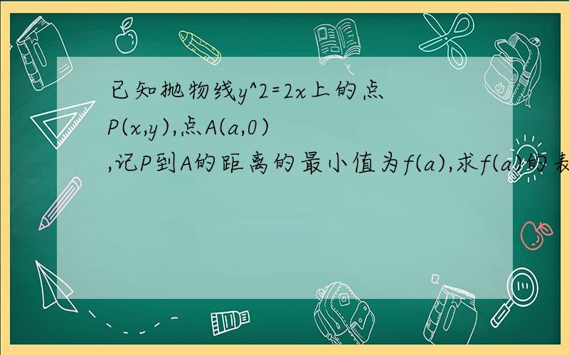 已知抛物线y^2=2x上的点P(x,y),点A(a,0),记P到A的距离的最小值为f(a),求f(a)的表达式