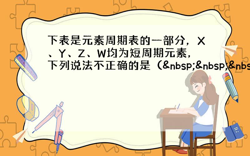 下表是元素周期表的一部分，X、Y、Z、W均为短周期元素，下列说法不正确的是（   ）