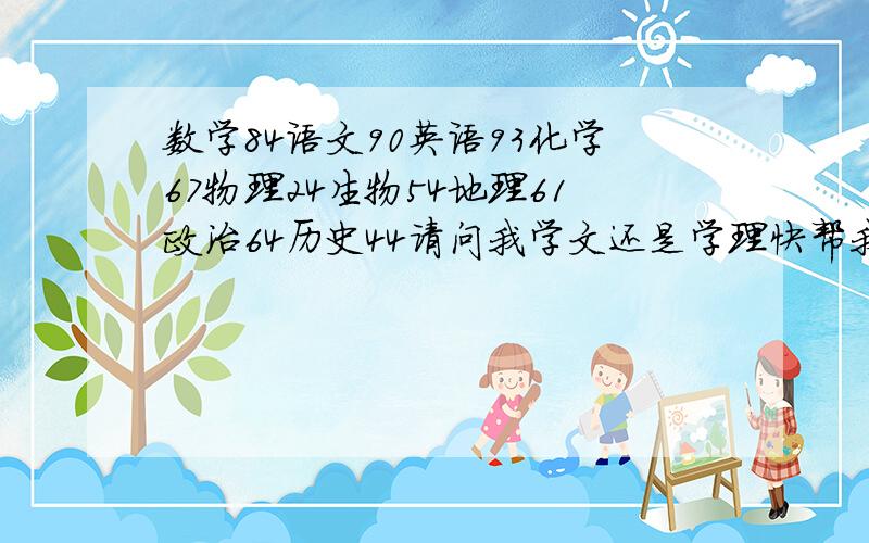 数学84语文90英语93化学67物理24生物54地理61政治64历史44请问我学文还是学理快帮我参考下吧,我要疯.