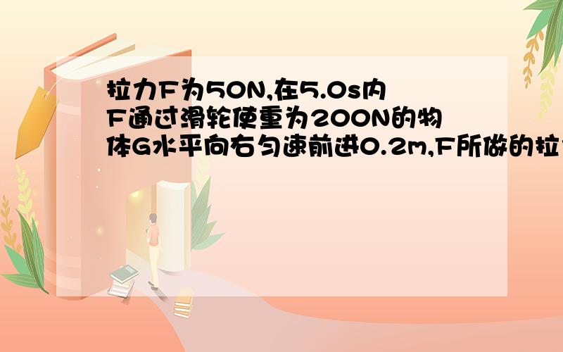 拉力F为50N,在5.0s内F通过滑轮使重为200N的物体G水平向右匀速前进0.2m,F所做的拉力为（）J,功率为（）W