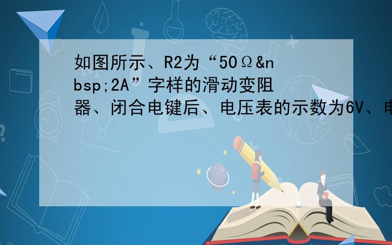 如图所示、R2为“50Ω 2A”字样的滑动变阻器、闭合电键后、电压表的示数为6V、电流表A1的示数为0.5A、