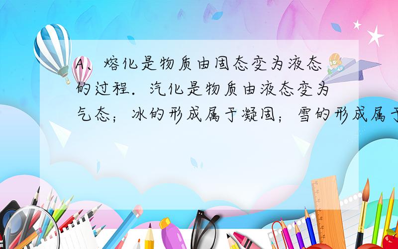 A、熔化是物质由固态变为液态的过程．汽化是物质由液态变为气态；冰的形成属于凝固；雪的形成属于凝华．故A错误；B