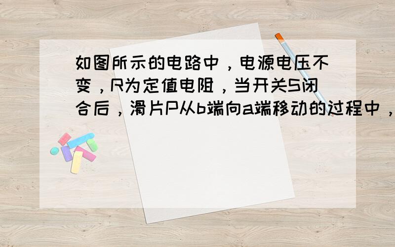 如图所示的电路中，电源电压不变，R为定值电阻，当开关S闭合后，滑片P从b端向a端移动的过程中，下列说法正确的是（　　）